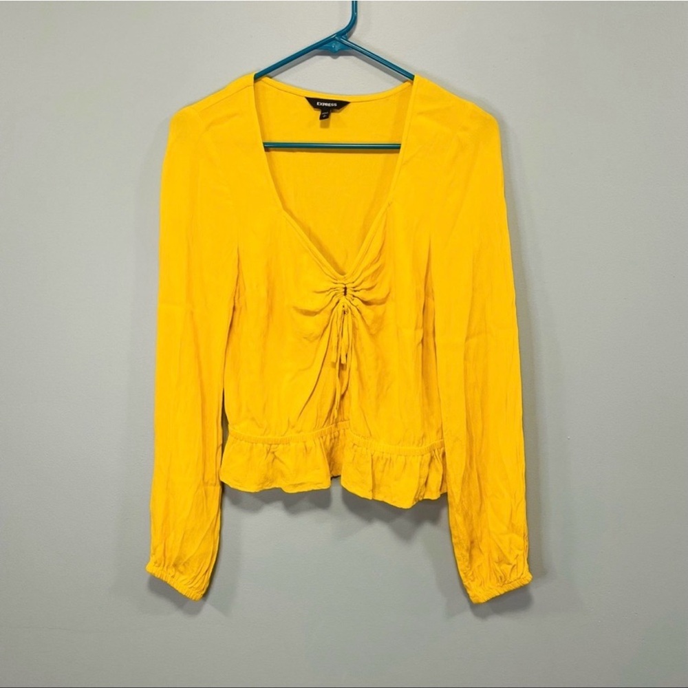 Express Bright Yellow Long-Sleeve Ruched Front Top